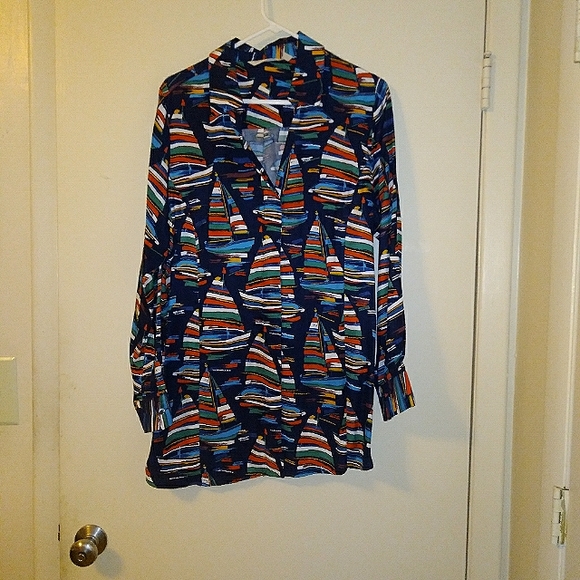 Soft Surroundings Sail Away Boat Print Shirt Size Large - Picture 11 of 13